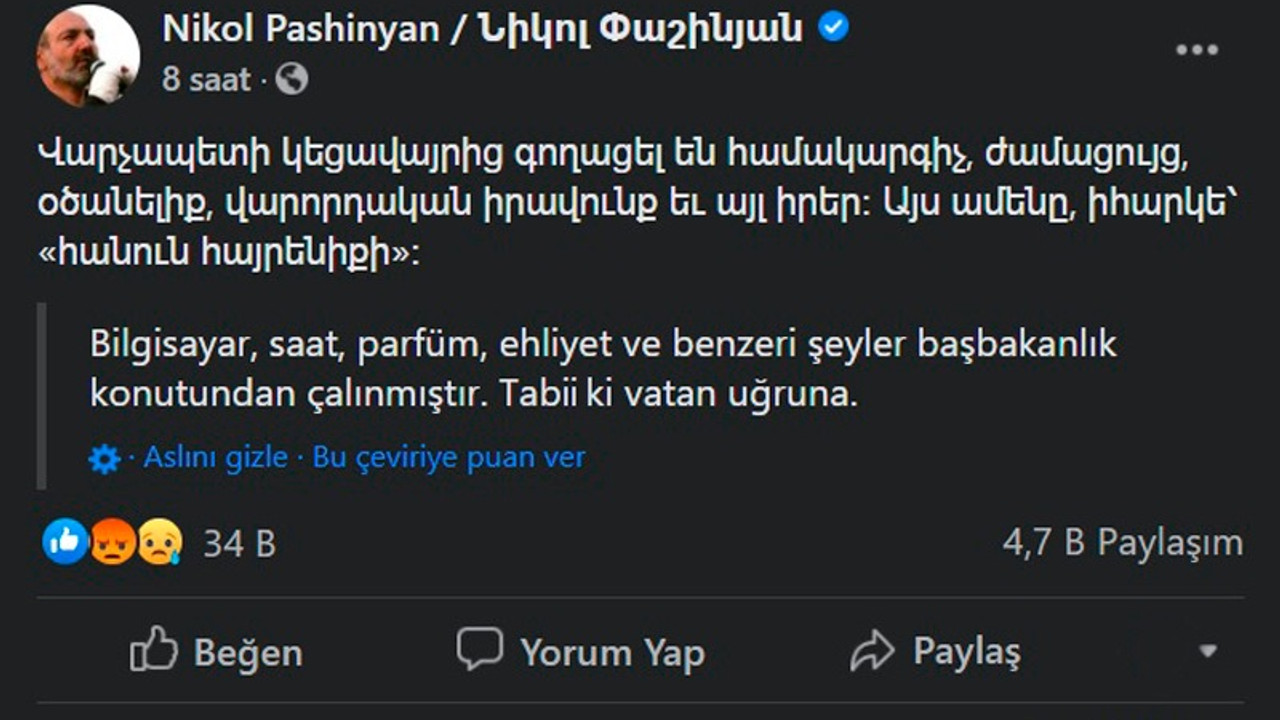 Paşinyan'ın 'Kişisel eşyalarım çalındı' paylaşımına tepki