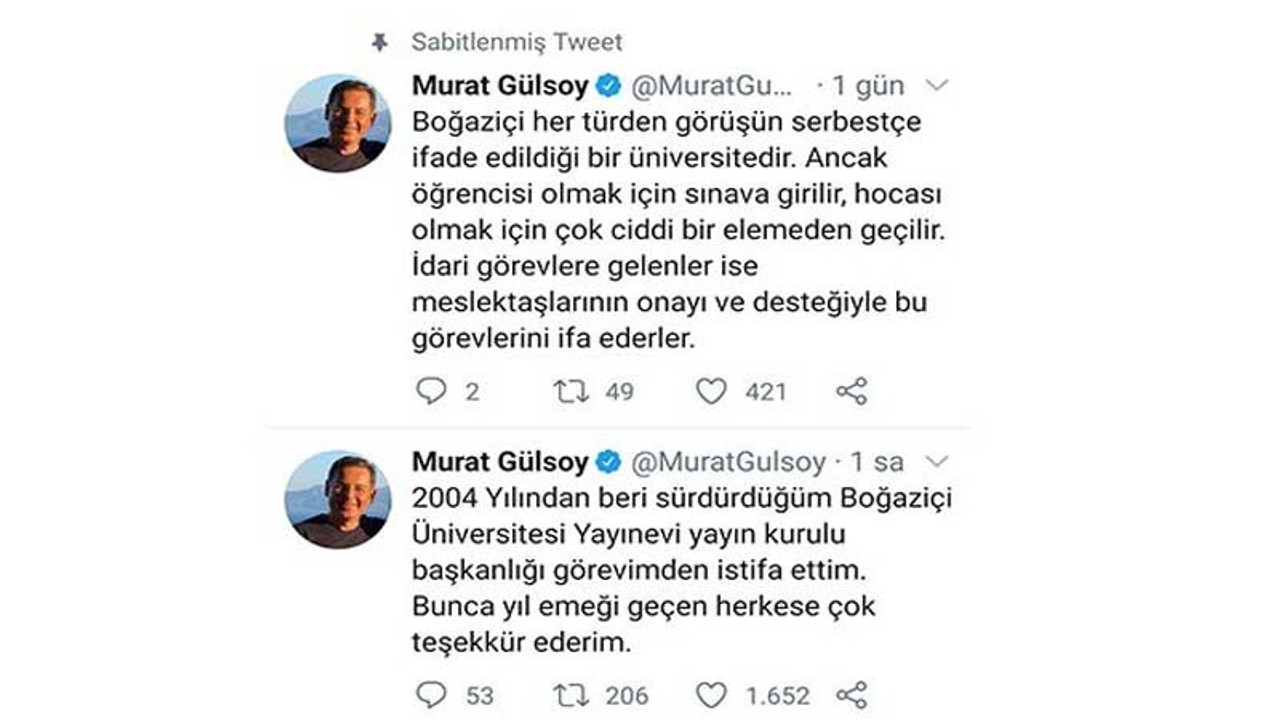 Boğaziçi Üniversitesi Yayınevi Yayın Kurulu Başkanı Murat Gülsoy, görevinden istifa etti