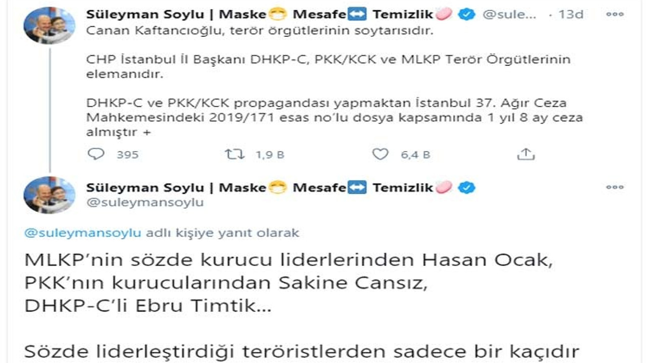 Süleyman Soylu Canan Kaftancıoğlu'na yine 'terörist' dedi