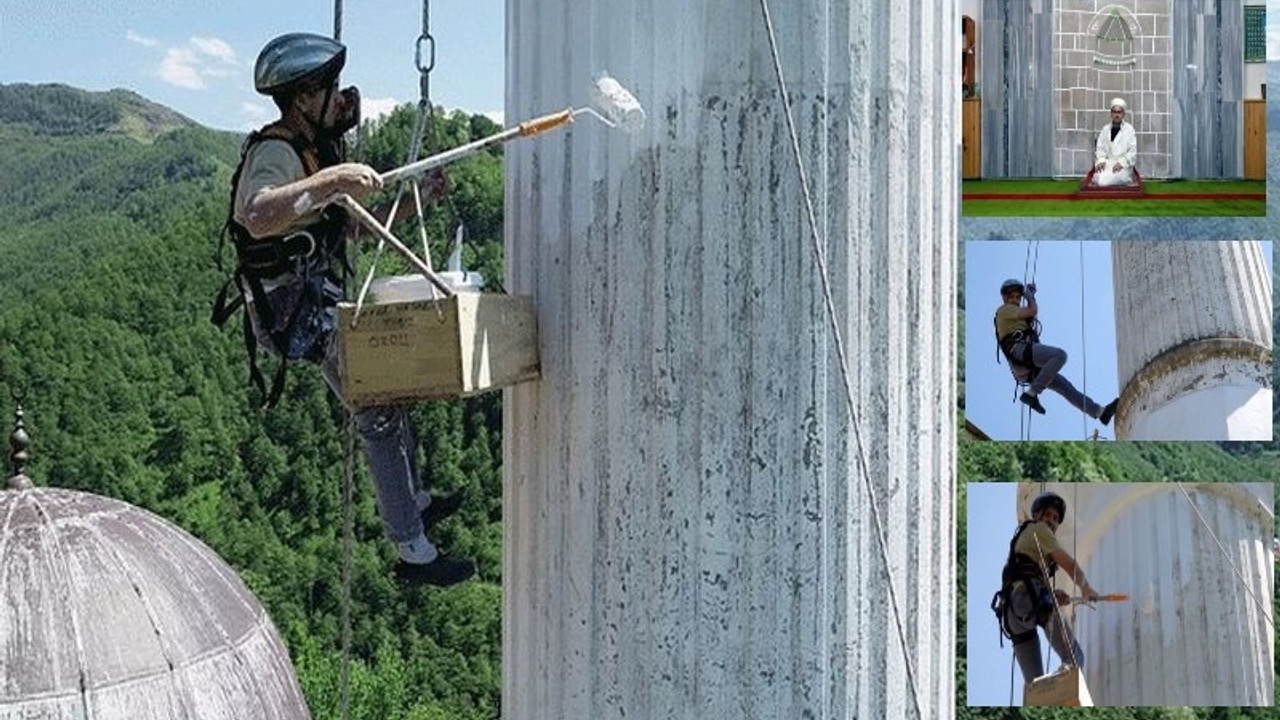 Dağcılık eğitimi alan imam caminin minaresini kendi boyuyor