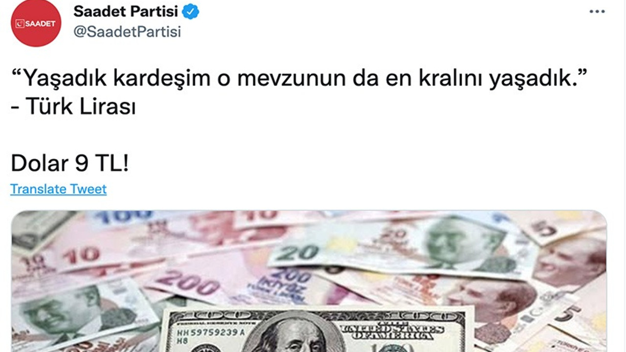 Doların 9 TL'yi aşmasının ardından Saadet Partisi'nden çarpıcı paylaşım