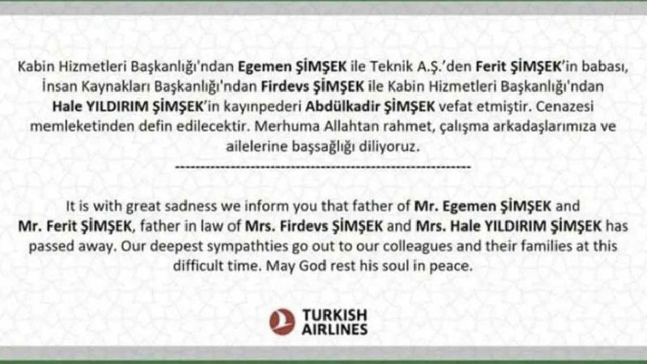 THY'deki aile kadrolaşması cenaze ilanıyla ortaya çıktı: Şimşek Airlines