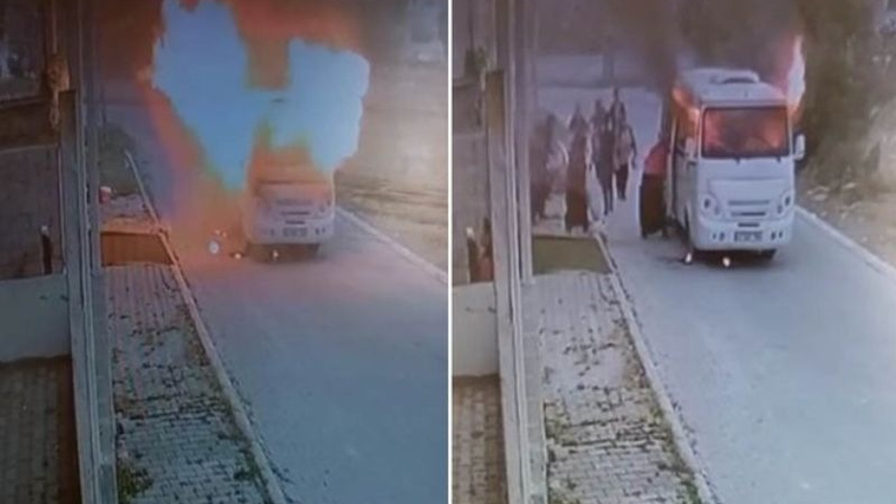 Tarım işçilerini taşıyan servis aracı yandı: Sürücünün dikkatiyle yolcular kurtuldu