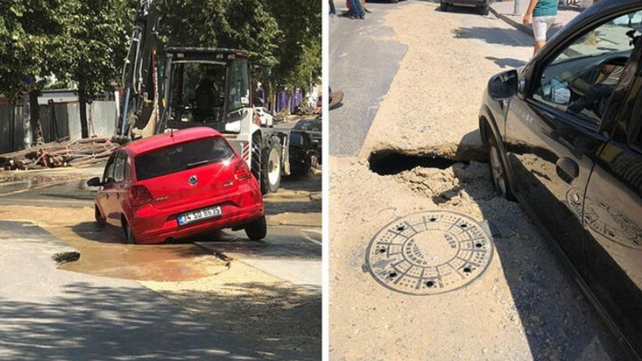 Büyükçekmece'de çalışma yapılan yol çöktü, iki araç çukura düştü