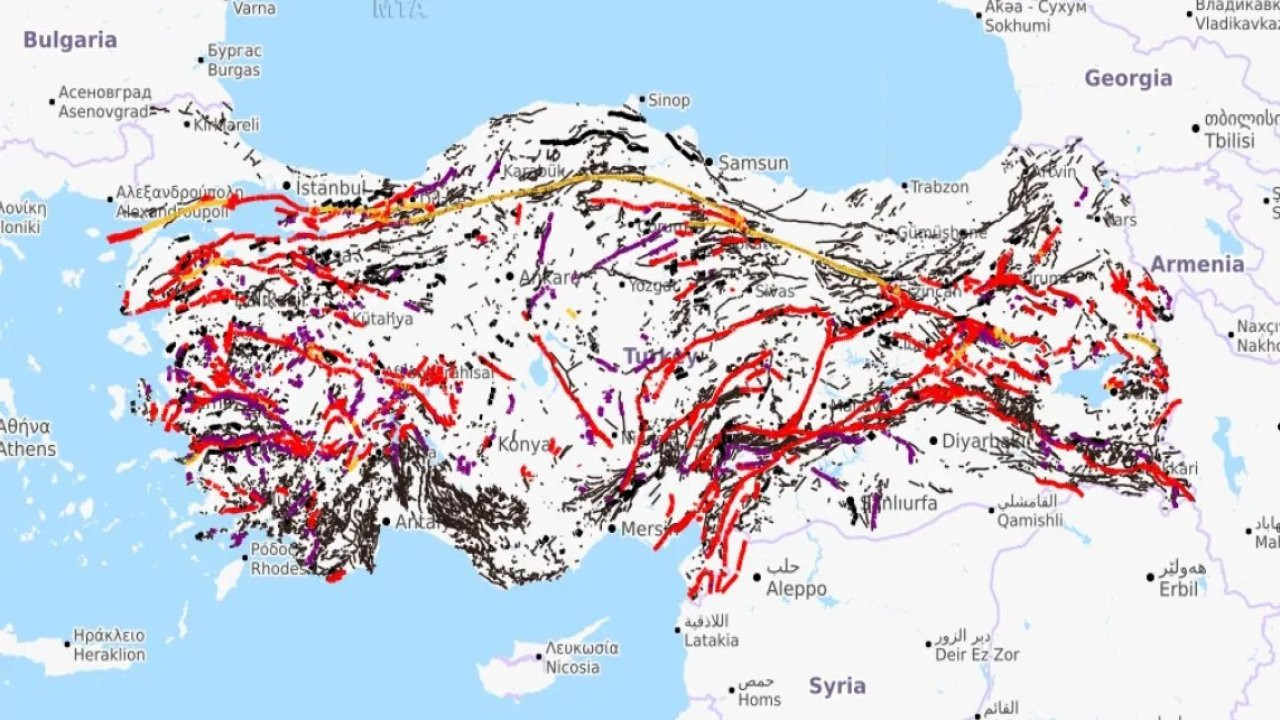 Fay hatlarının geçtiği yerleri gösteren MTA haritası