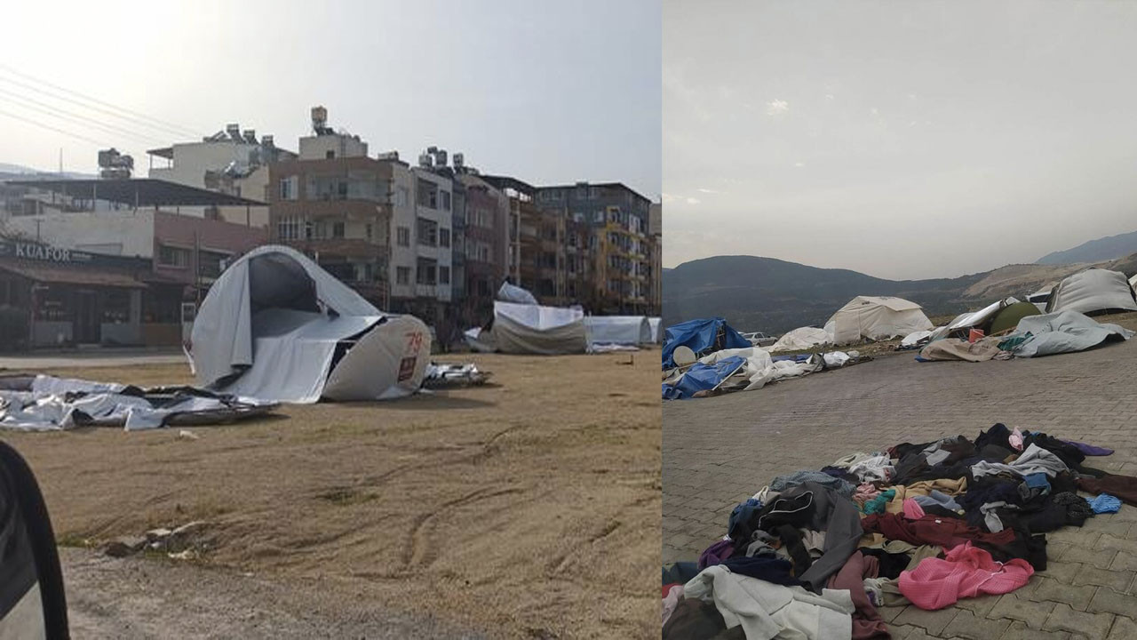 İskenderun'da kuvvetli rüzgar: Depremzedelerin çadırları yıkıldı