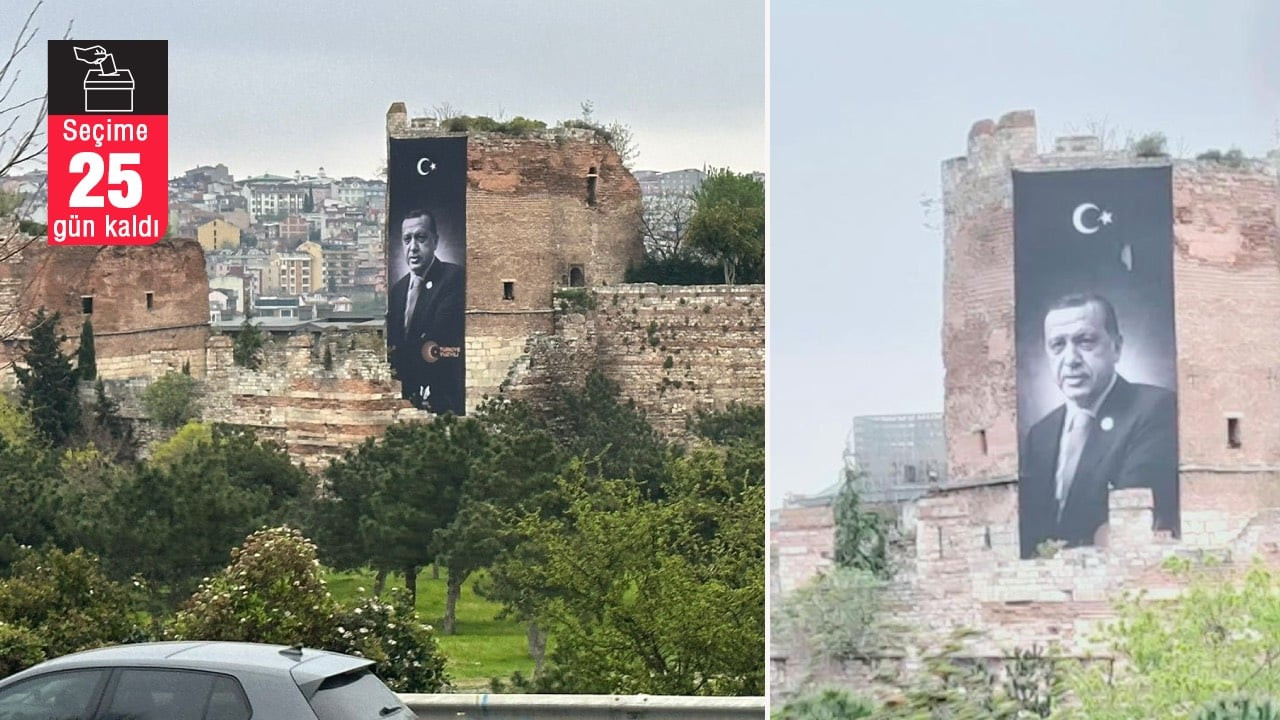 Canan Kaftancıoğlu paylaştı: Hazine'ye ait İstanbul surlarına Erdoğan afişi asıldı
