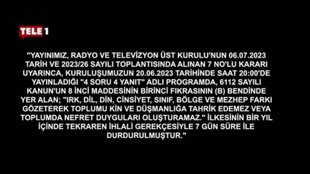 RTÜK'ün itirazı kabul edilmişti: TELE1’in ekranı karartıldı