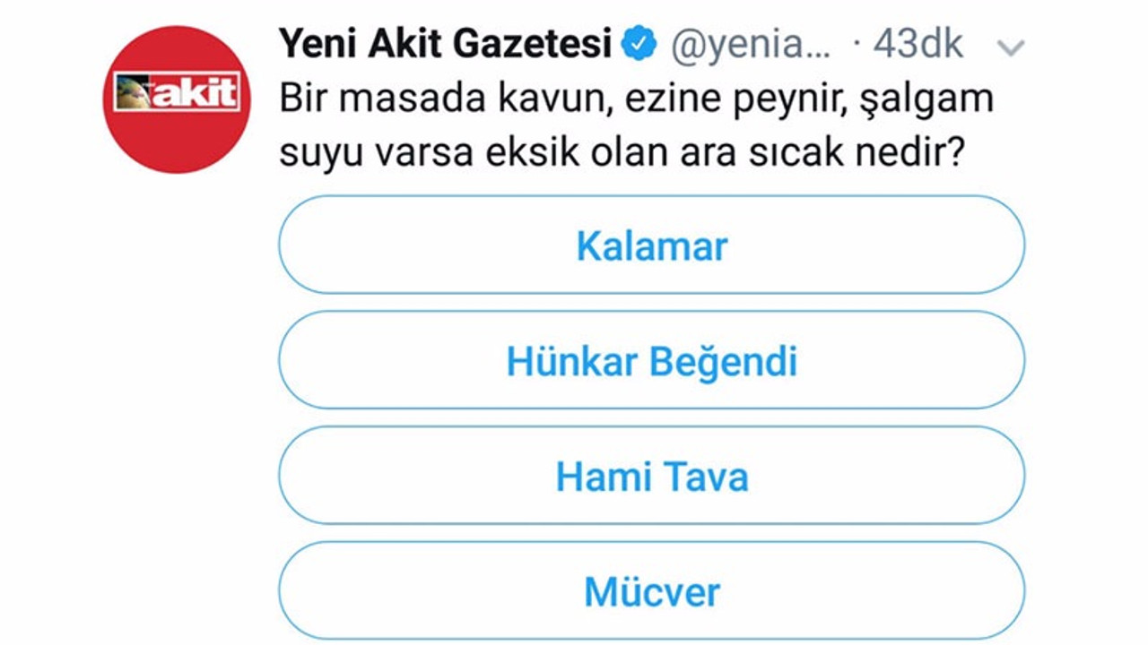 Yanıt 'rakı' çıkınca anketi kaldırdı