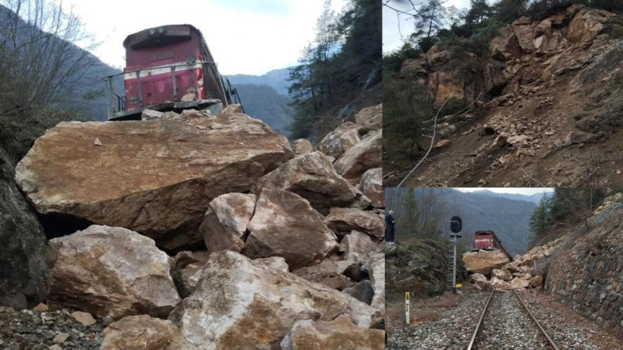 Karabük'te demir yoluna kaya parçaları düştü: Yük treni raydan çıktı
