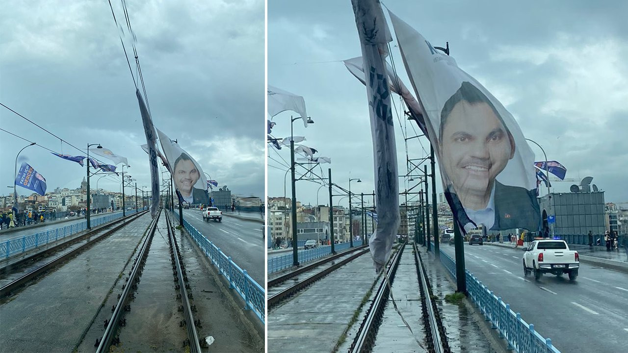 Murat Kurum'un afişi Tramvay teline dolandı: Seferler aksadı