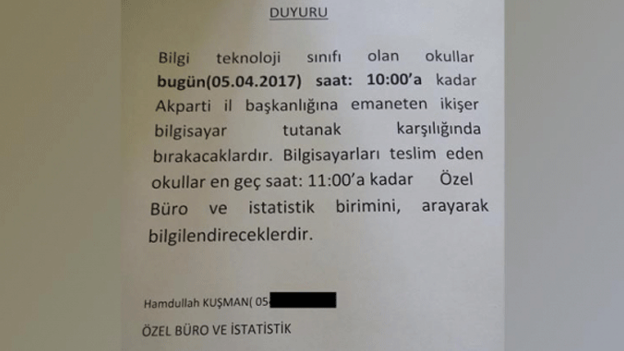 Okullara 'AKP il binasına bilgisayar gönderin' talimatı