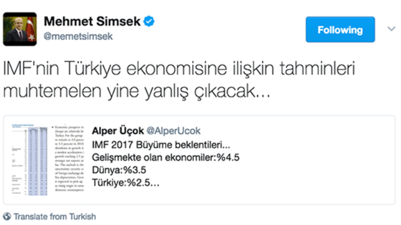 Şimşek'ten IMF tahminleriyle ilgili tweet