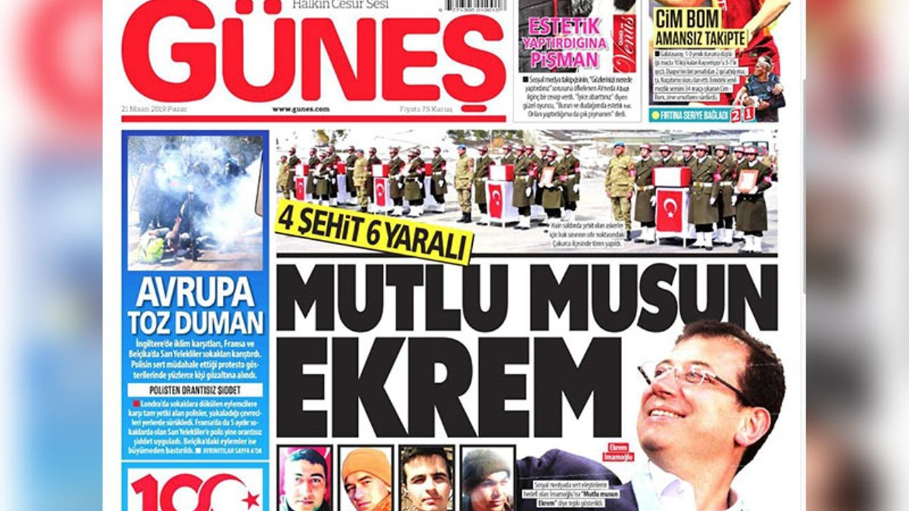 Güneş gazetesi 4 askerin ölümünü İmamoğlu'na bağladı