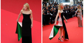 Cate Blanchett'tan kırmızı halıda tasarım elbiseyle Filistin mesajı