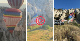 Kapadokya'da ters rüzgarla karşılaşan balon kayalıklara iniş yaptı