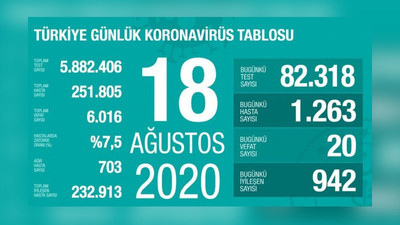 Türkiye'nin Coronavirus tablosu: Bin 263 yeni vaka tespit edildi