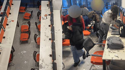 Yeni yapılan üniversite binası tavanından öğrencilerin başına parçalar düştü
