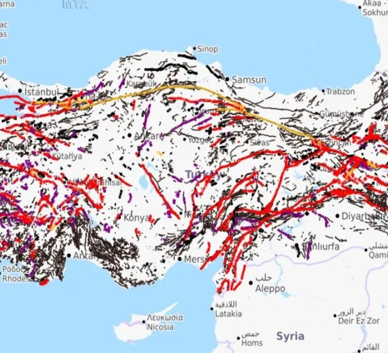 Fay hatlarının geçtiği yerleri gösteren MTA haritası