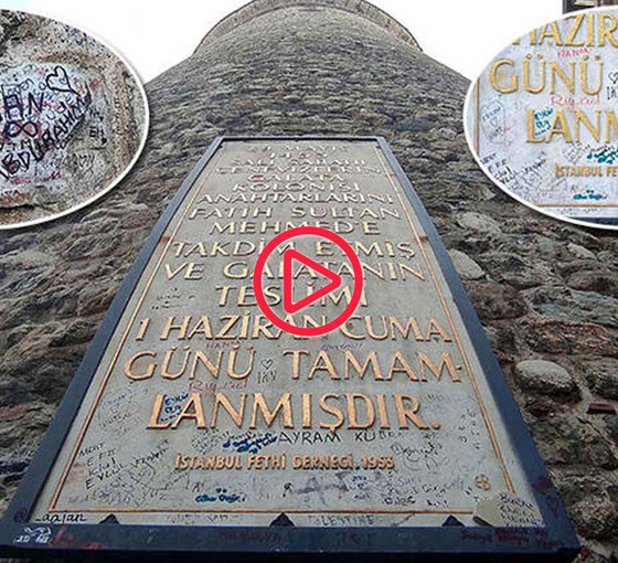 674 yıllık Galata Kulesi'nin duvarları isim tabelasına döndü