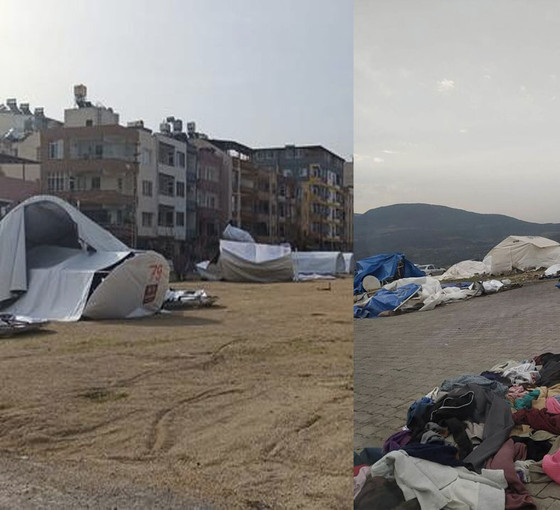 İskenderun'da kuvvetli rüzgar: Depremzedelerin çadırları yıkıldı