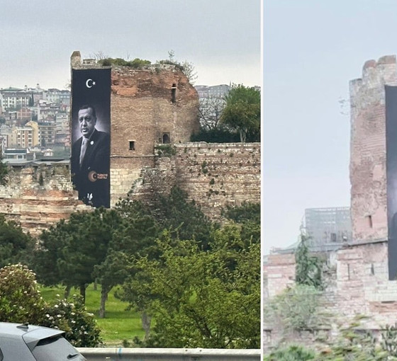 Canan Kaftancıoğlu paylaştı: Hazine'ye ait İstanbul surlarına Erdoğan afişi asıldı