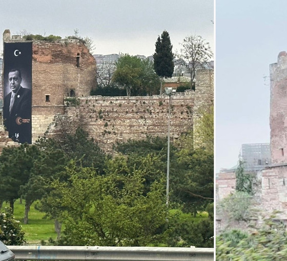 Erdoğan’ın İstanbul’daki tarihi sura asılan dev pankartı kaldırıldı