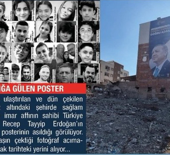 İsias Otel'in enkazına bakan binaya Erdoğan'ın gülen afişi asıldı