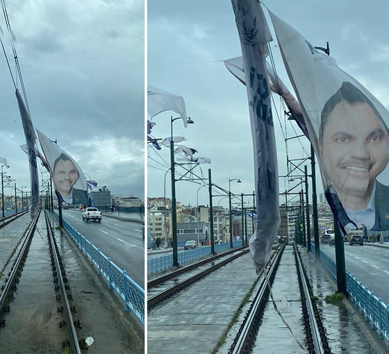 Murat Kurum'un afişi Tramvay teline dolandı: Seferler aksadı