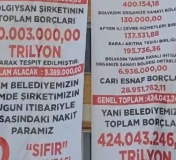 MHP'li başkan AKP'li eski başkandan devraldığı borçları belediye binasına astı