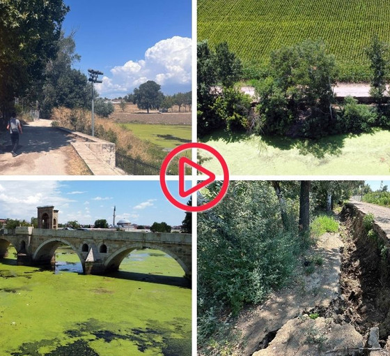 Edirne'de Tunca Nehri kurudu, toprak yol çöktü