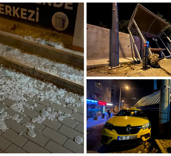 Bursa'da lodos: Otobüs durağı yerinden söküldü, sokaktaki atık giysi dolabı araçların üzerine devrildi
