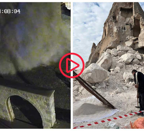 Kapadokya'da peribacası yıkıldı, kameraya yansıdı