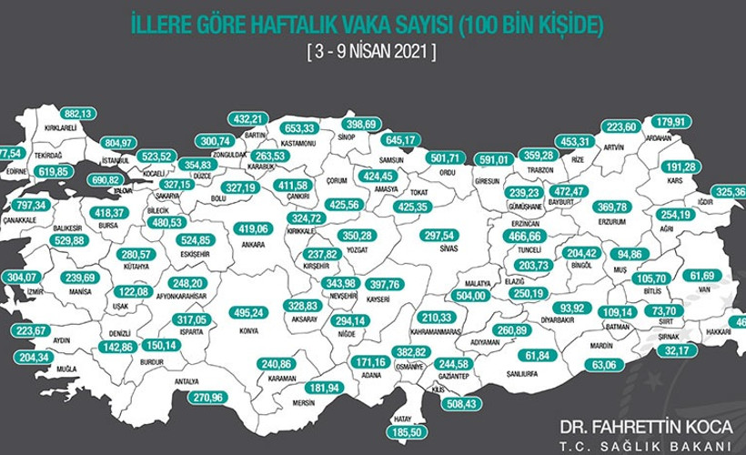 İllere göre vaka haritası: Kırklareli, İstanbul ve Çanakkale zirvede