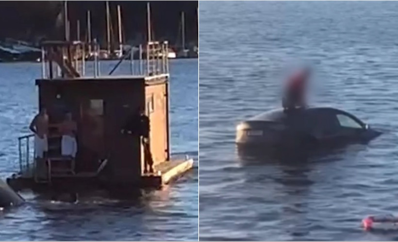 Oslo'da Tesla fiyorda düştü, yardıma yüzer sauna koştu