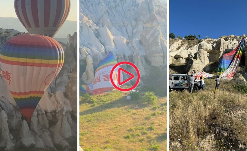 Kapadokya'da ters rüzgarla karşılaşan balon kayalıklara iniş yaptı