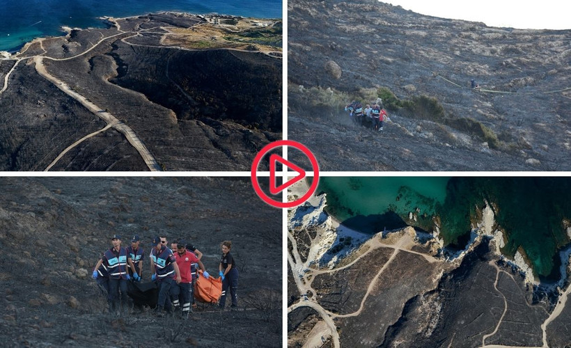 Çeşme'de yanan orman alanı havadan görüntülendi