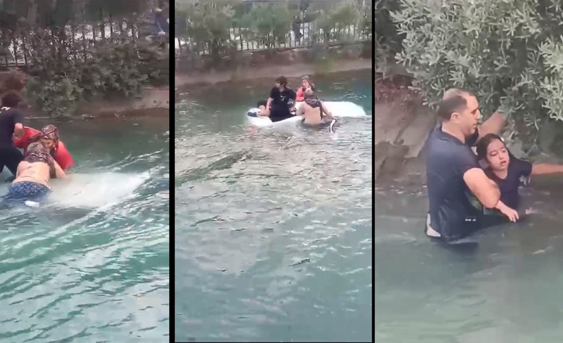 Sulama kanalına düşen otomobilde mahsur kalanları çevredekiler kurtarıldı