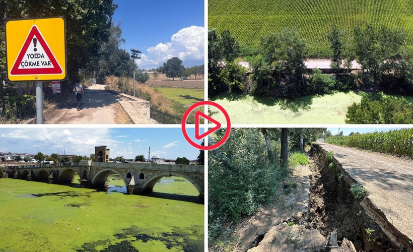 Edirne'de Tunca Nehri kurudu, toprak yol çöktü
