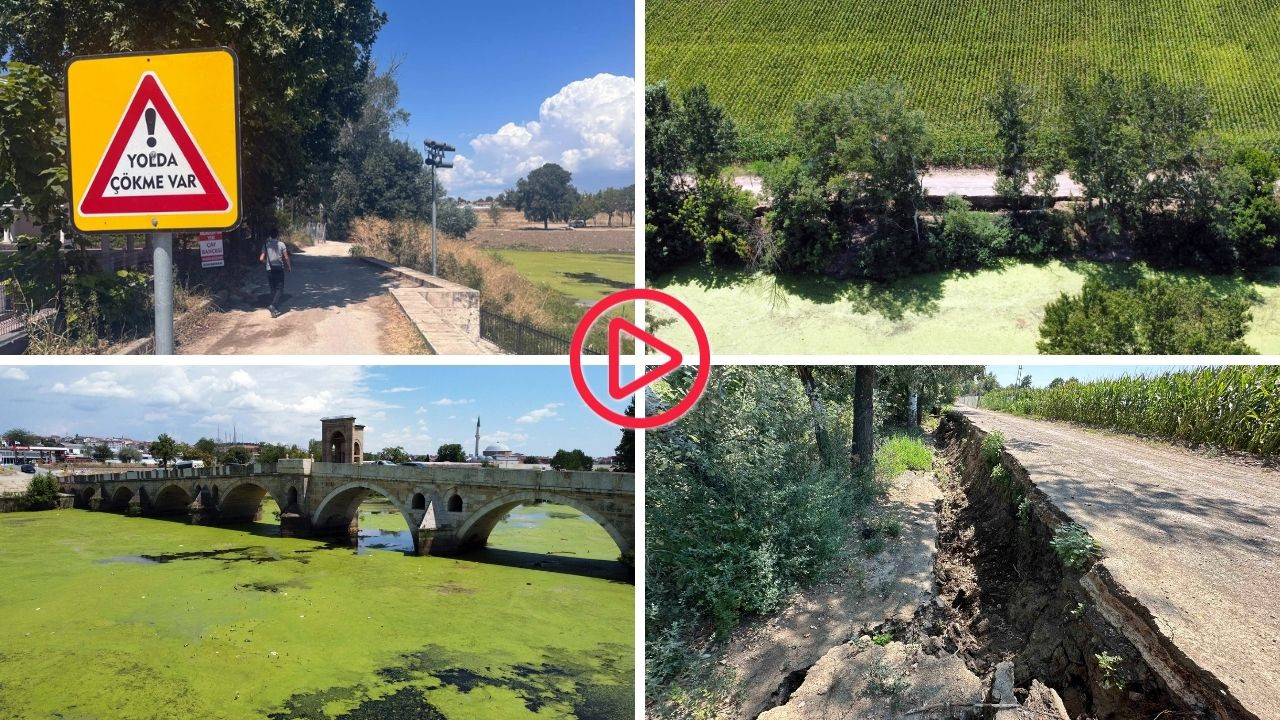 Edirne'de Tunca Nehri kurudu, toprak yol çöktü